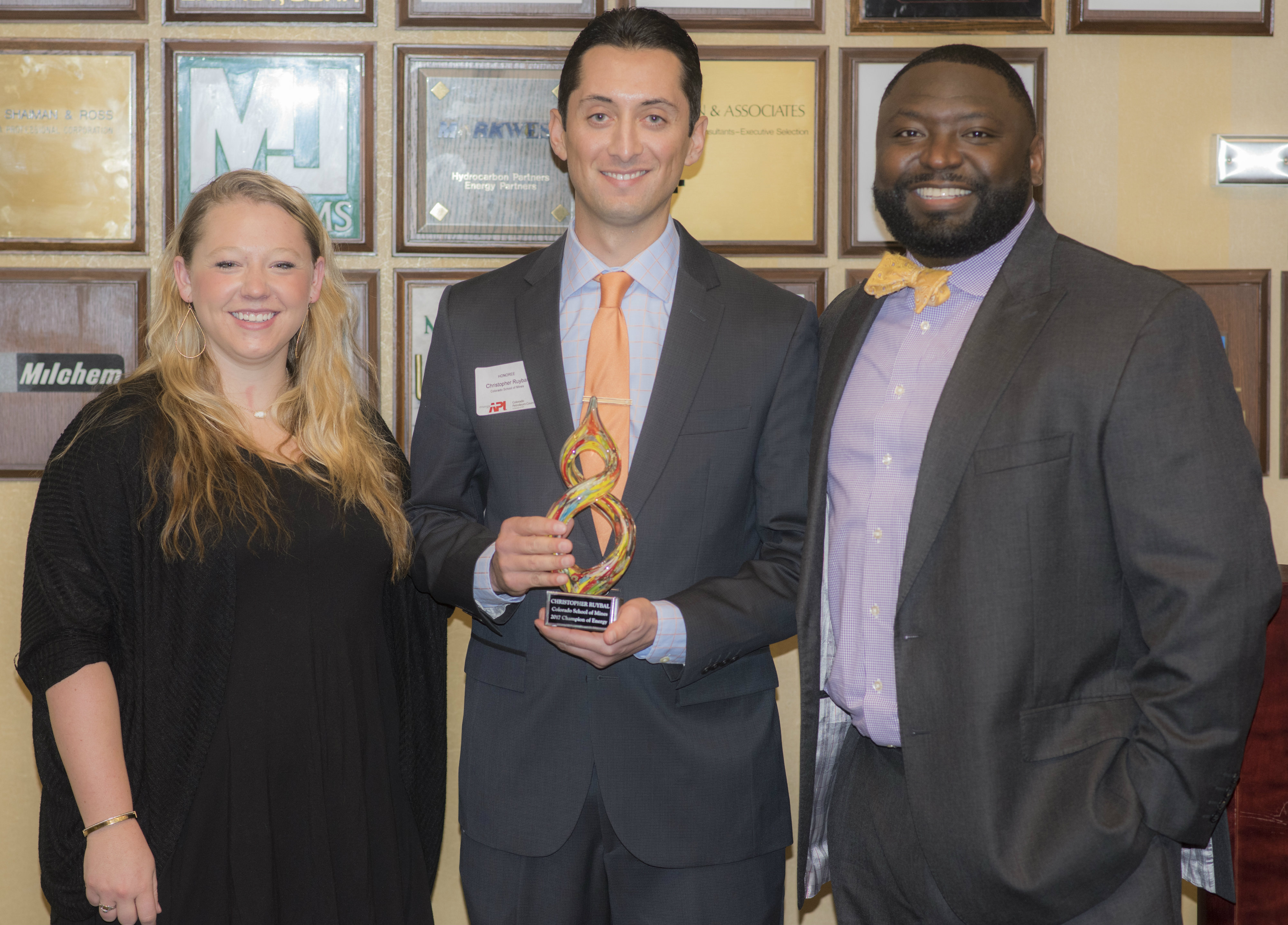 Mines graduate student Christopher Ruybal, center, at the 2017 Champions of Energy reception